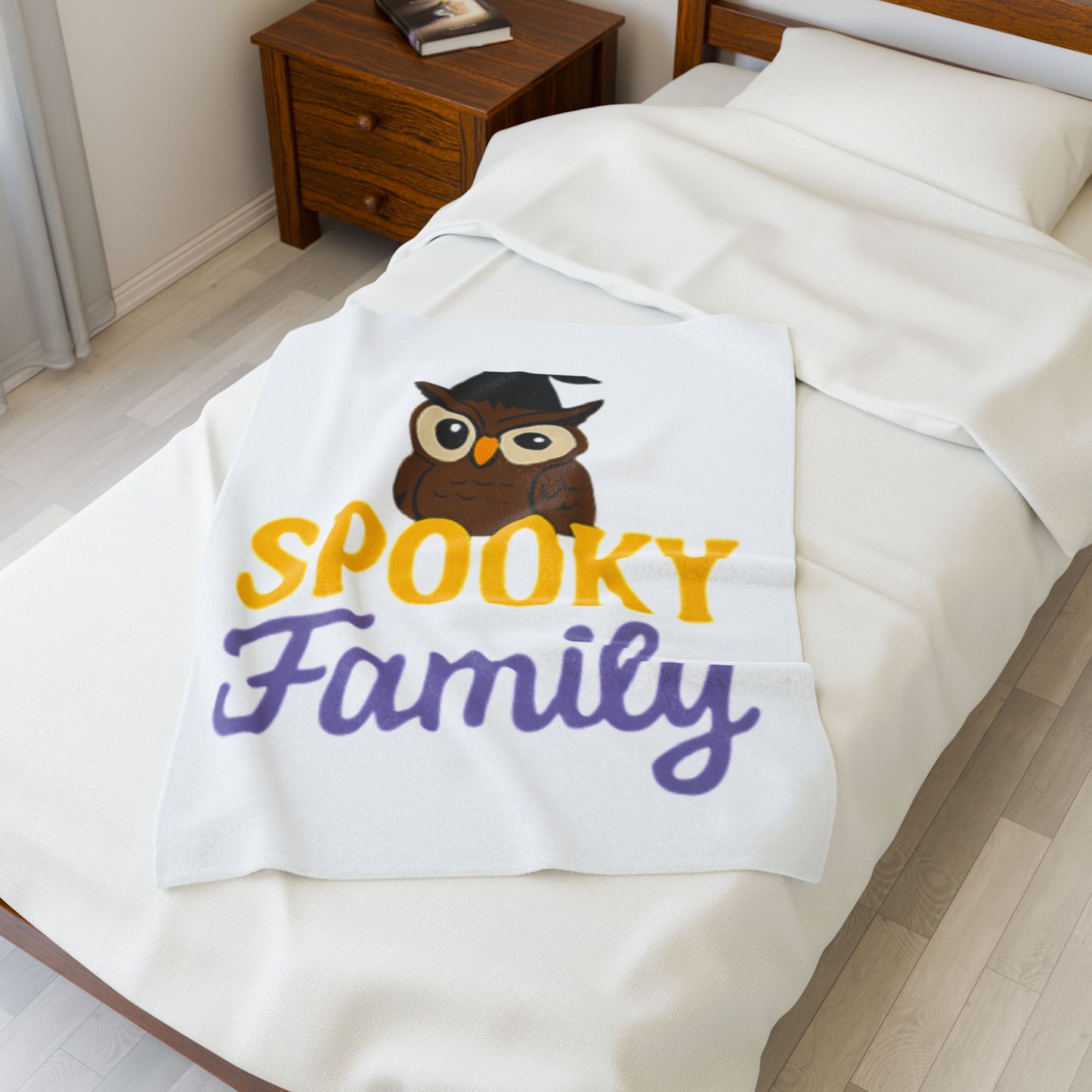 Spooky Family Velveteen Plush Blanket, Cozy Halloween Blanket, Owl Decor, Family Gathering Gift, Fall Decor Essentials
