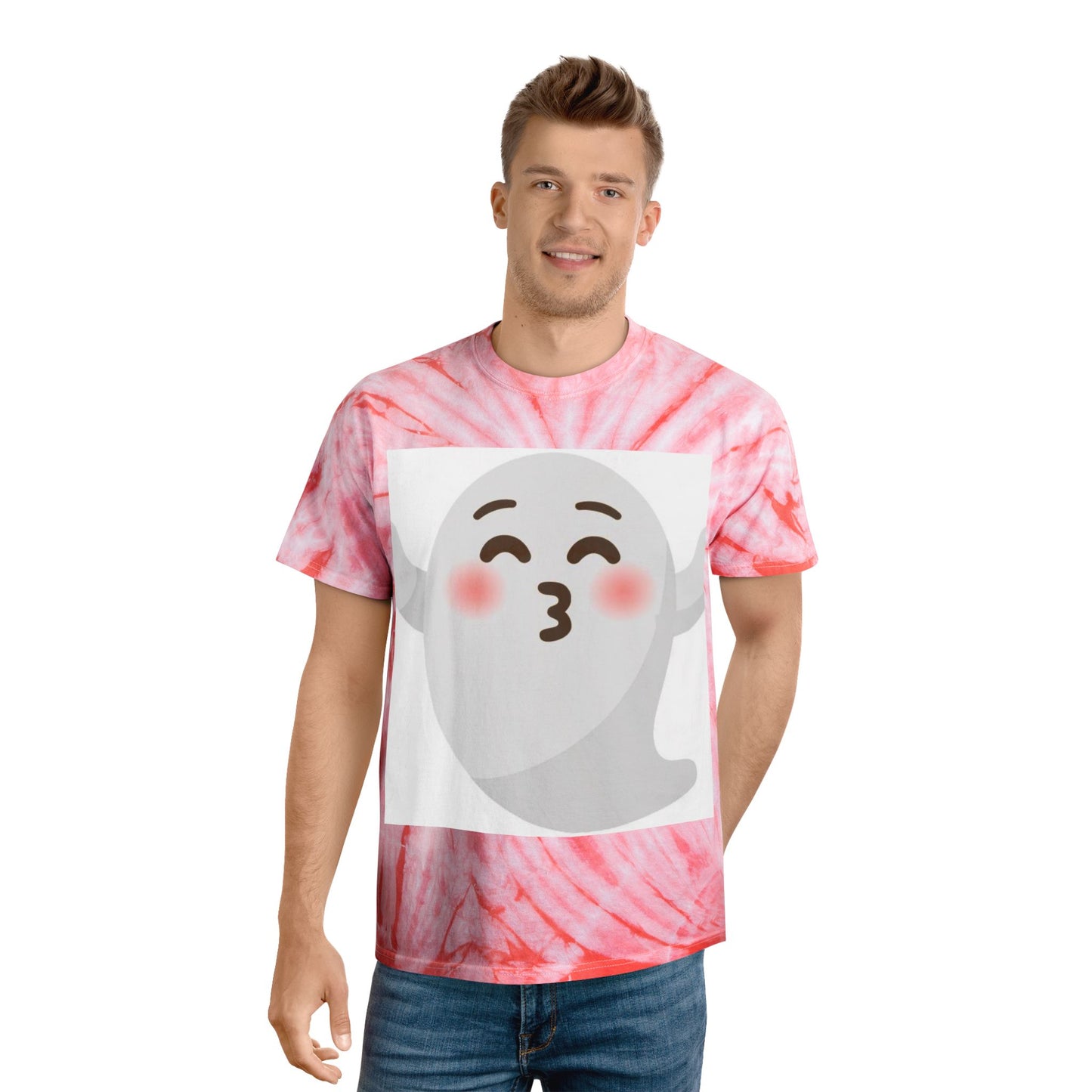 Joyful Tie-Dye Tee with Happy Ghost Design, Summer Vibes, Perfect for Halloween, Festivals, Cozy Casual Wear, Fun Gift Idea