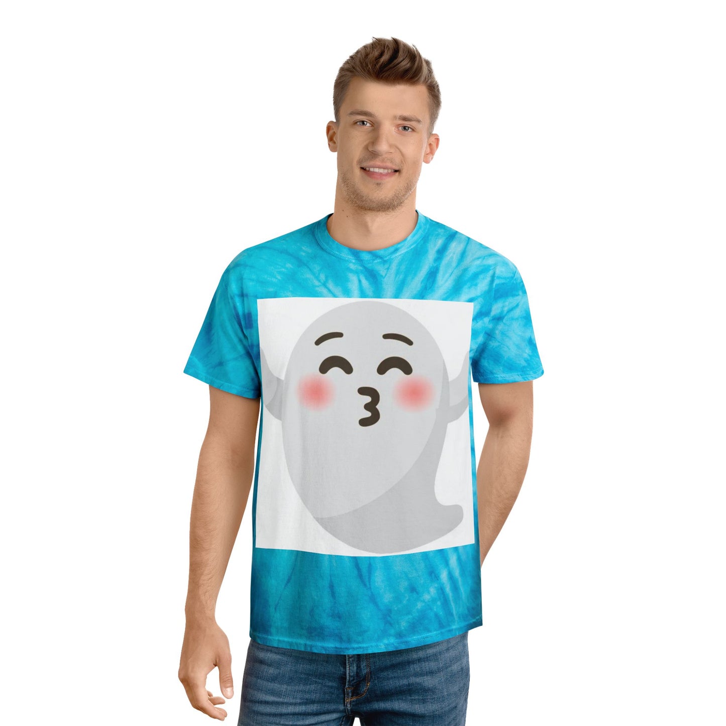 Joyful Tie-Dye Tee with Happy Ghost Design, Summer Vibes, Perfect for Halloween, Festivals, Cozy Casual Wear, Fun Gift Idea