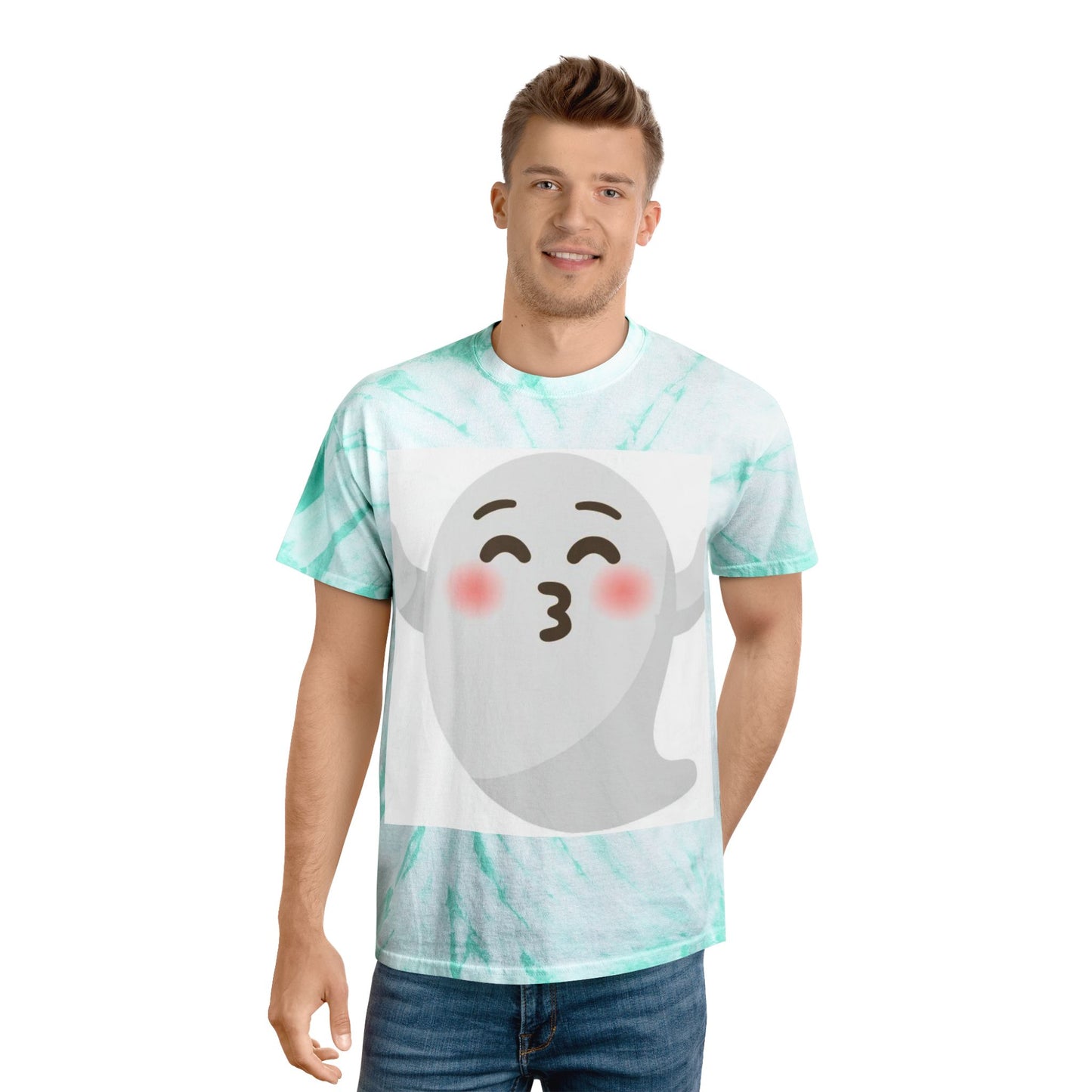 Joyful Tie-Dye Tee with Happy Ghost Design, Summer Vibes, Perfect for Halloween, Festivals, Cozy Casual Wear, Fun Gift Idea