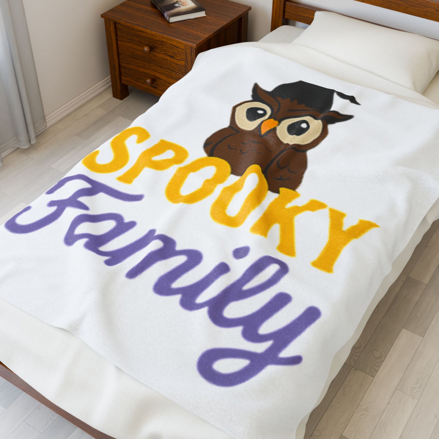 Spooky Family Velveteen Plush Blanket, Cozy Halloween Blanket, Owl Decor, Family Gathering Gift, Fall Decor Essentials