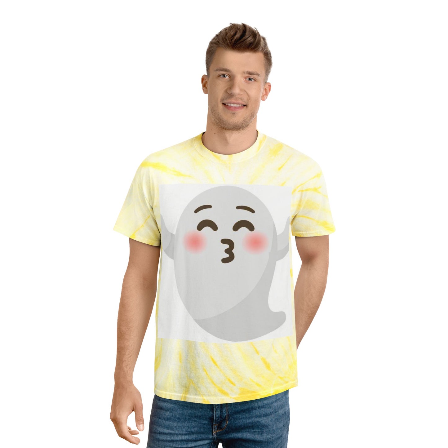 Joyful Tie-Dye Tee with Happy Ghost Design, Summer Vibes, Perfect for Halloween, Festivals, Cozy Casual Wear, Fun Gift Idea