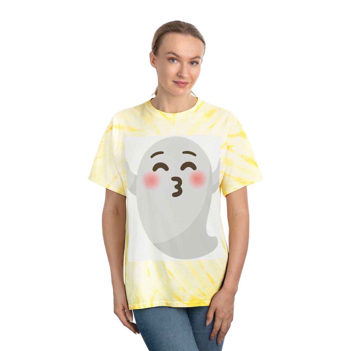 Joyful Tie-Dye Tee with Happy Ghost Design, Summer Vibes, Perfect for Halloween, Festivals, Cozy Casual Wear, Fun Gift Idea