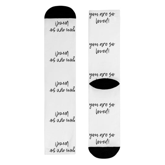Sublimation Crew Socks - Inspirational Gift, Cozy Footwear, Cute Accessories for Friends, Birthday, Self-Care, You Are Loved!